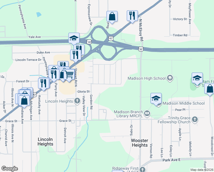 map of restaurants, bars, coffee shops, grocery stores, and more near 1238 Redman Avenue in Mansfield