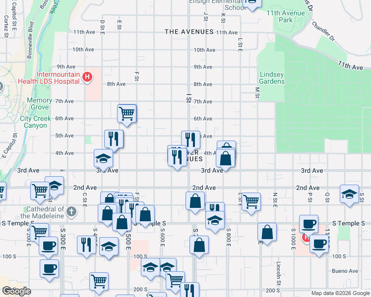 map of restaurants, bars, coffee shops, grocery stores, and more near 215 I Street in Salt Lake City