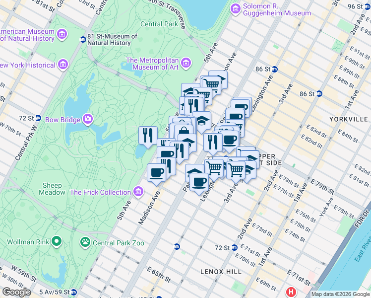 map of restaurants, bars, coffee shops, grocery stores, and more near 974 Madison Avenue in New York
