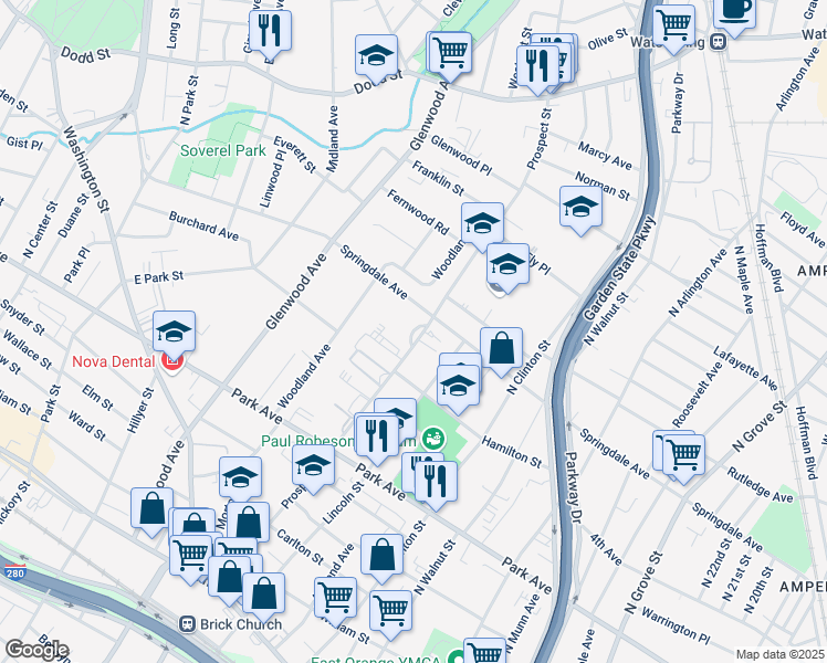 map of restaurants, bars, coffee shops, grocery stores, and more near 275 Prospect Street in East Orange