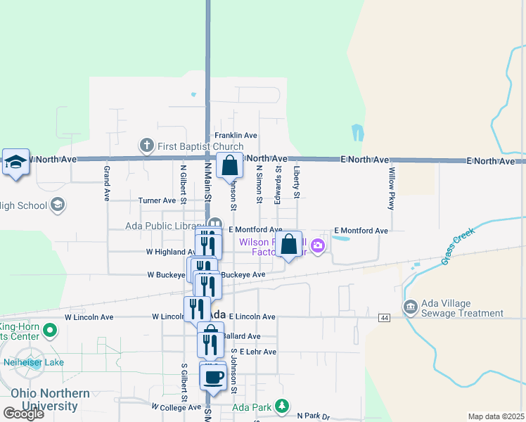 map of restaurants, bars, coffee shops, grocery stores, and more near 418 North Simon Street in Ada