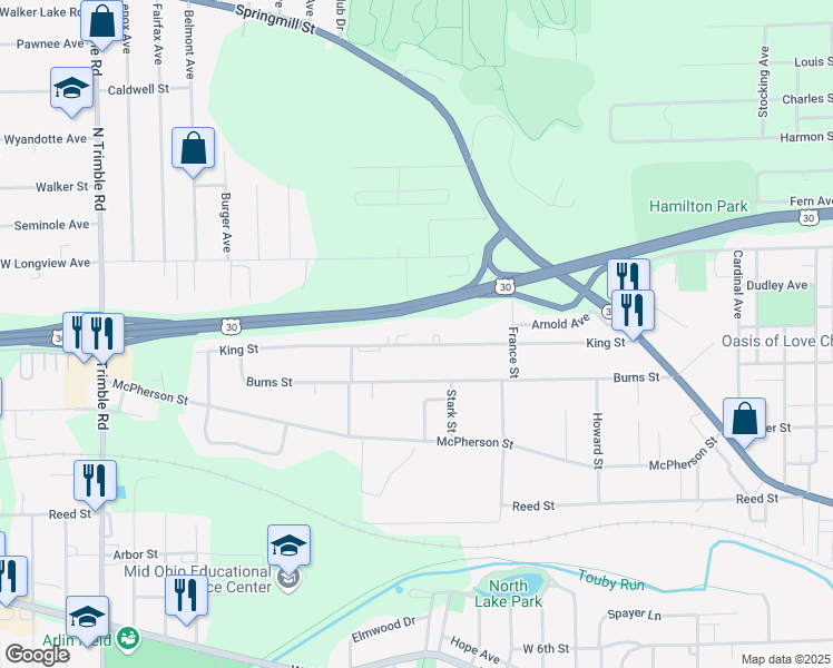 map of restaurants, bars, coffee shops, grocery stores, and more near 720 King Street in Mansfield