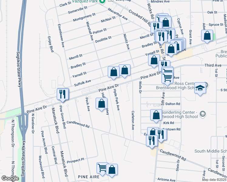 map of restaurants, bars, coffee shops, grocery stores, and more near 20 Hyde Park Avenue in Bay Shore