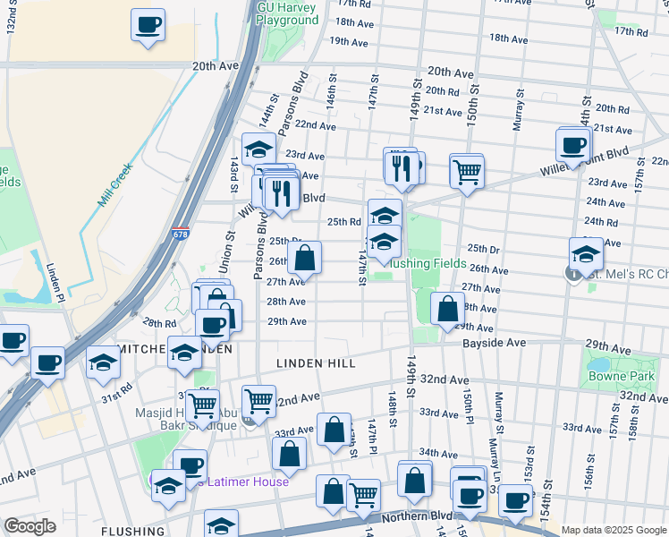 map of restaurants, bars, coffee shops, grocery stores, and more near 146-22 26th Avenue in Queens