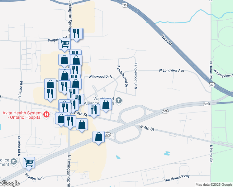 map of restaurants, bars, coffee shops, grocery stores, and more near 1957 Tanglewood Drive South in Ontario