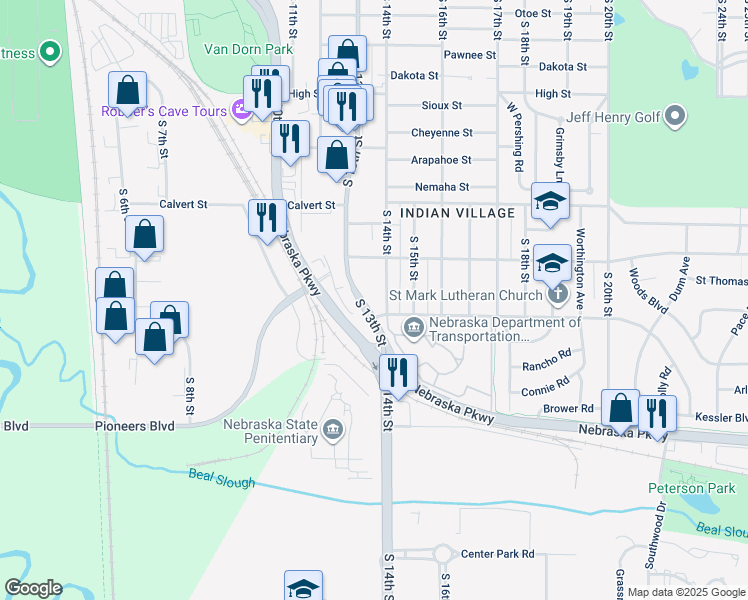 map of restaurants, bars, coffee shops, grocery stores, and more near 3933 South 14th Street in Lincoln