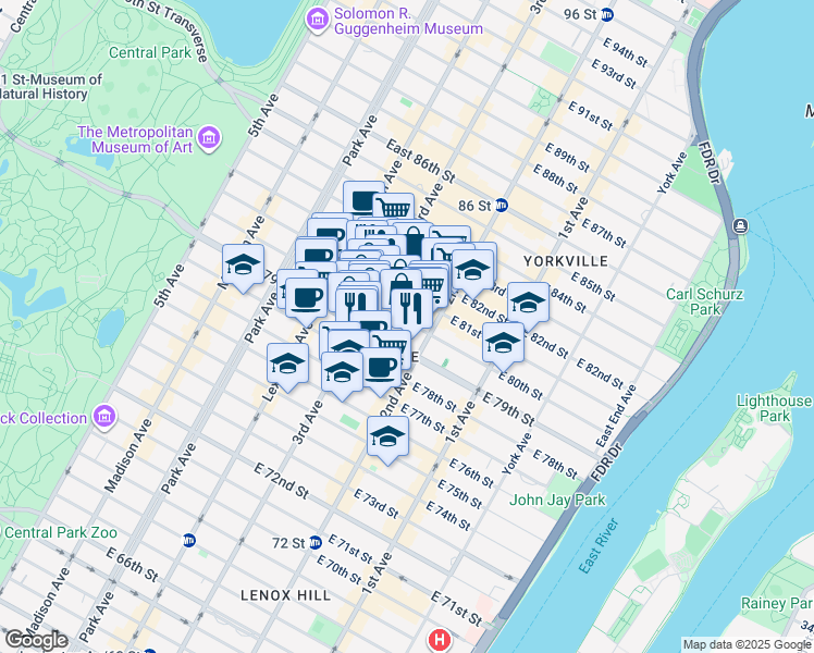 map of restaurants, bars, coffee shops, grocery stores, and more near 232 East 80th Street in New York