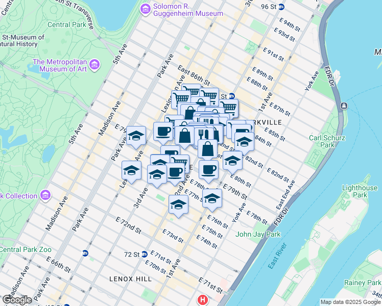 map of restaurants, bars, coffee shops, grocery stores, and more near East 80th Street in New York