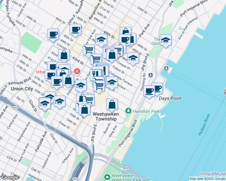 map of restaurants, bars, coffee shops, grocery stores, and more near 53 Liberty Place in Weehawken