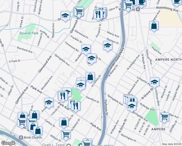 map of restaurants, bars, coffee shops, grocery stores, and more near 32 Edgerton Terrace in East Orange
