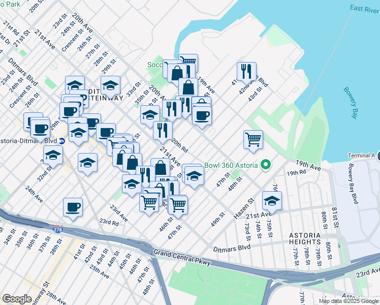 map of restaurants, bars, coffee shops, grocery stores, and more near 20-47 42nd Street in Queens