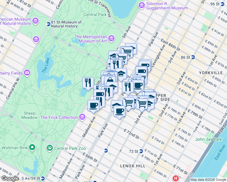 map of restaurants, bars, coffee shops, grocery stores, and more near 55 East 76th Street in New York