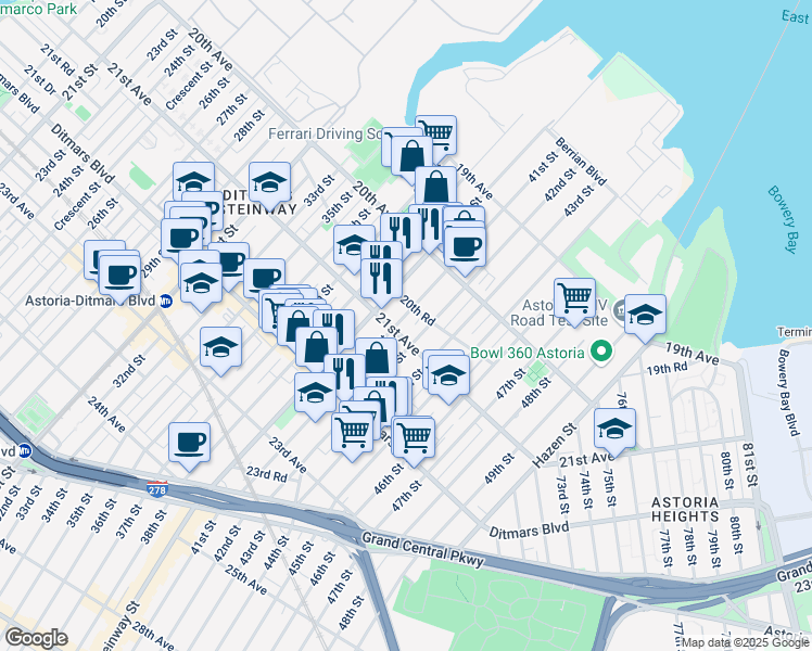 map of restaurants, bars, coffee shops, grocery stores, and more near 41-08 20th Road in Queens