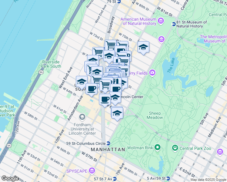 map of restaurants, bars, coffee shops, grocery stores, and more near 157 Columbus Avenue in New York
