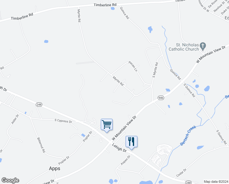 map of restaurants, bars, coffee shops, grocery stores, and more near 1115 Myrtle Road in Walnutport