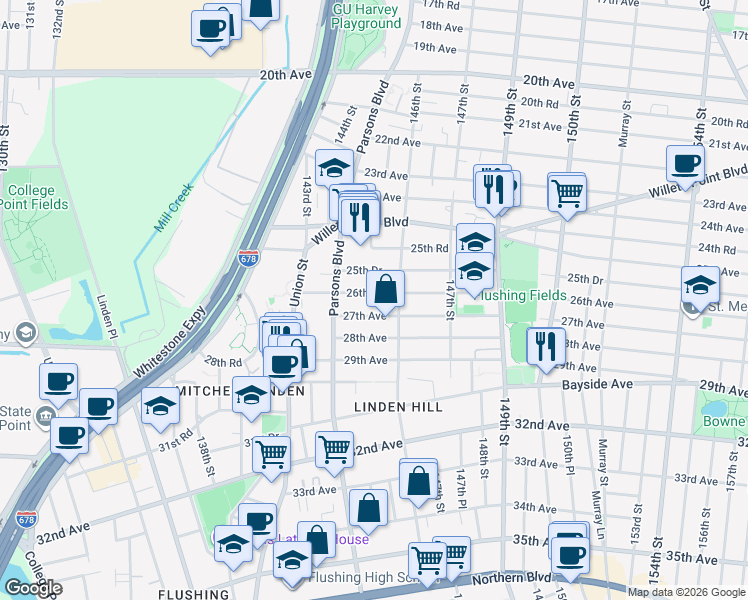 map of restaurants, bars, coffee shops, grocery stores, and more near 144-54 26th Avenue in Queens