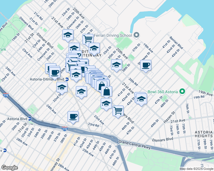 map of restaurants, bars, coffee shops, grocery stores, and more near 21-50 38th Street in Queens