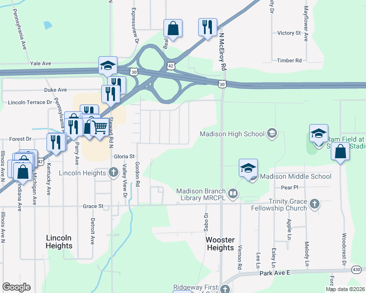 map of restaurants, bars, coffee shops, grocery stores, and more near 1288 Redman Avenue in Mansfield