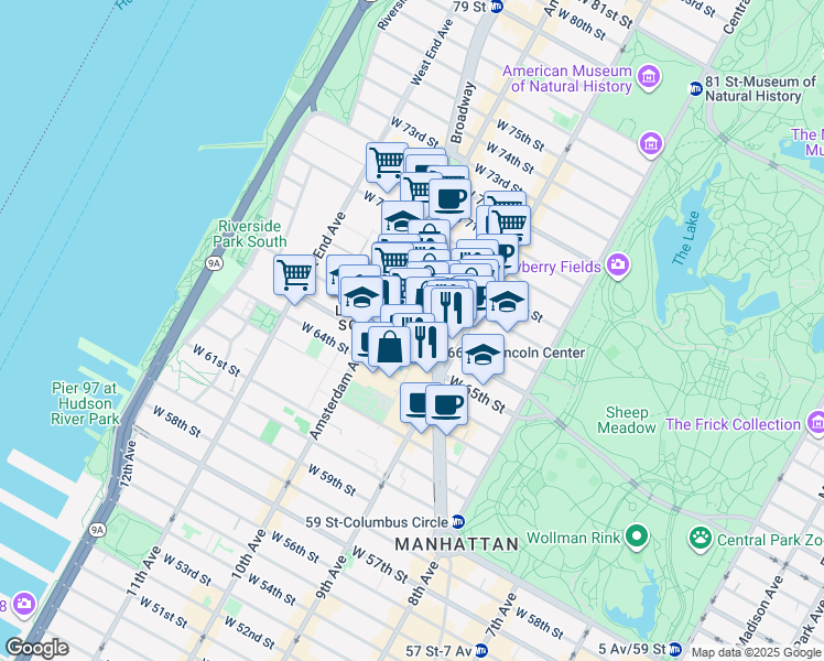 map of restaurants, bars, coffee shops, grocery stores, and more near West 66th Street in New York