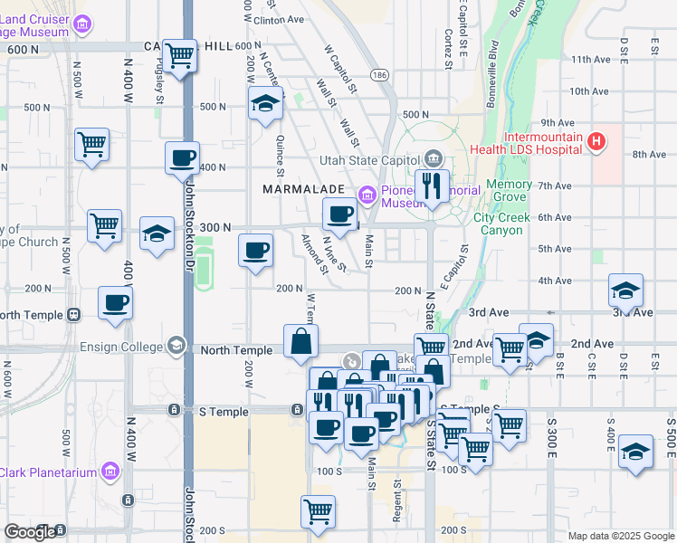 map of restaurants, bars, coffee shops, grocery stores, and more near 241 North Vine Street in Salt Lake City