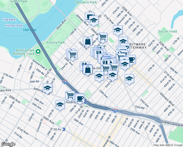 map of restaurants, bars, coffee shops, grocery stores, and more near 23-68 28th Street in Queens