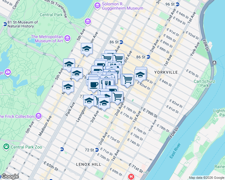 map of restaurants, bars, coffee shops, grocery stores, and more near 201 East 79th Street in New York