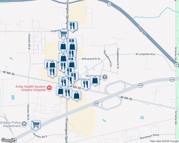 map of restaurants, bars, coffee shops, grocery stores, and more near 427 Rosewood Court in Ontario