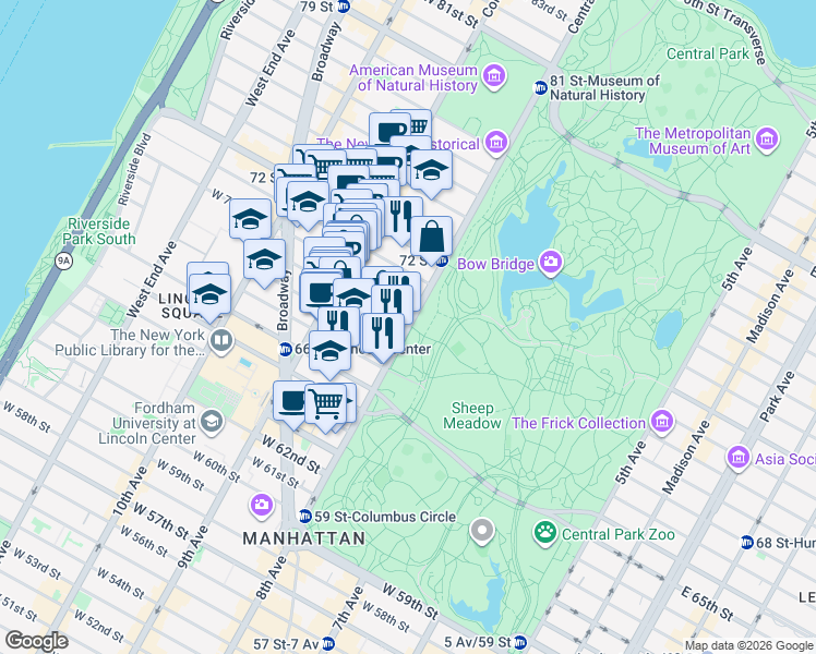 map of restaurants, bars, coffee shops, grocery stores, and more near Central Park West & W 69th St in New York