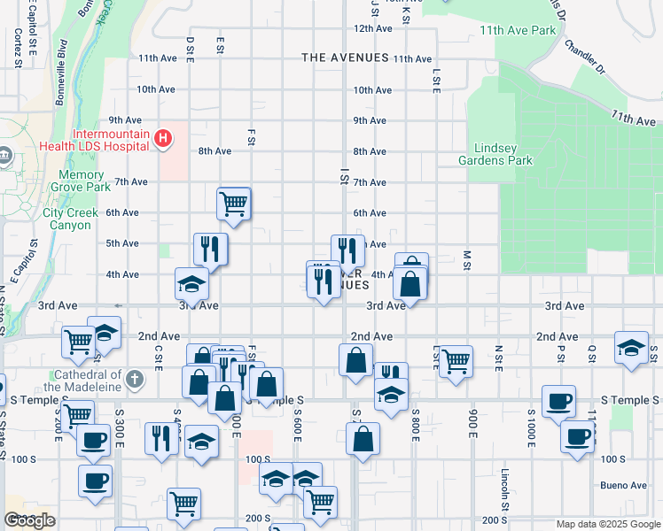 map of restaurants, bars, coffee shops, grocery stores, and more near 186 I Street in Salt Lake City