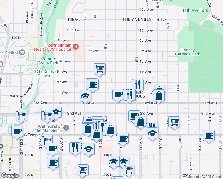 map of restaurants, bars, coffee shops, grocery stores, and more near 224 North G Street in Salt Lake City