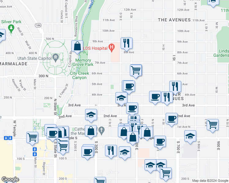 map of restaurants, bars, coffee shops, grocery stores, and more near 218 North Center Street in Salt Lake City