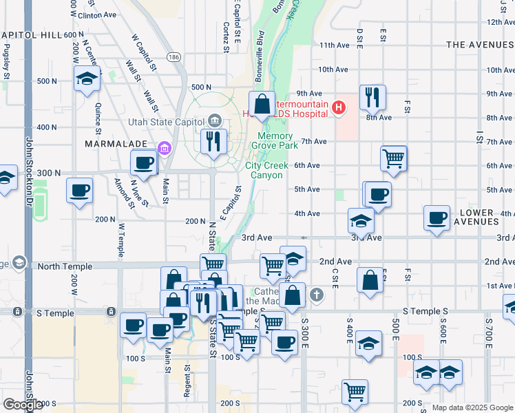 map of restaurants, bars, coffee shops, grocery stores, and more near in Salt Lake City