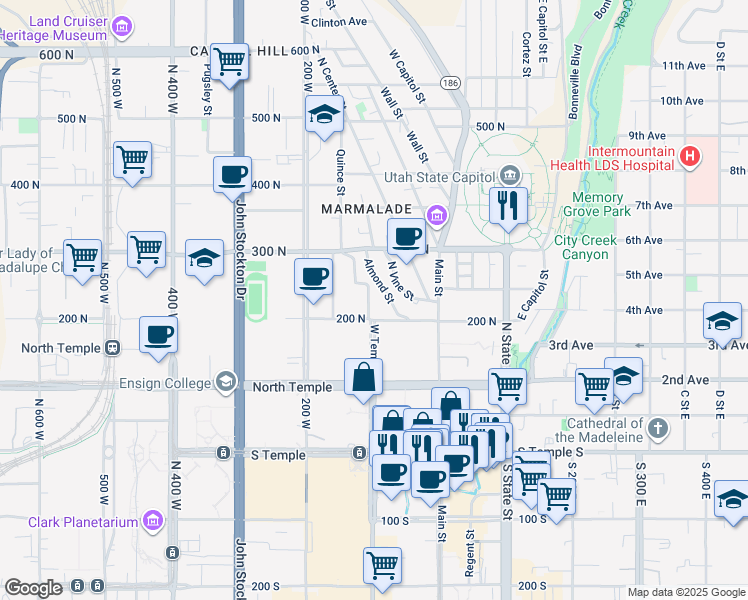 map of restaurants, bars, coffee shops, grocery stores, and more near 226 West Temple in Salt Lake City