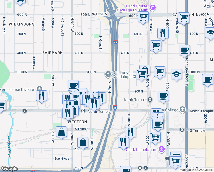 map of restaurants, bars, coffee shops, grocery stores, and more near 750 West 200 North in Salt Lake City