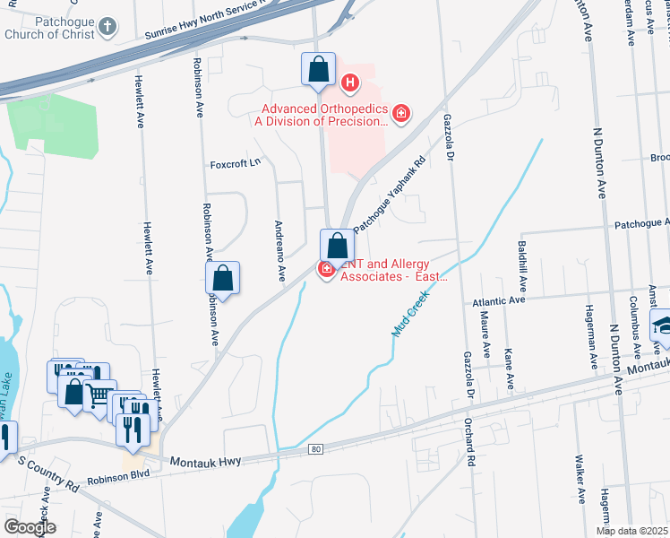 map of restaurants, bars, coffee shops, grocery stores, and more near 243 Sills Road in East Patchogue