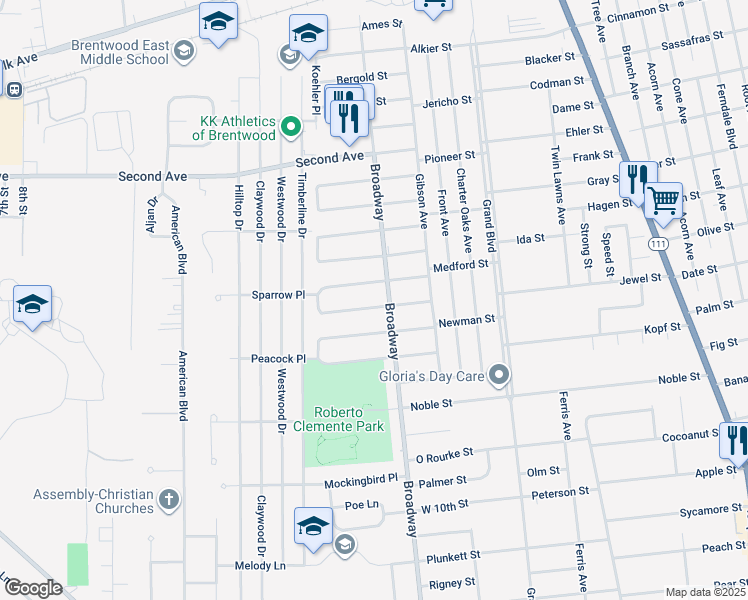 map of restaurants, bars, coffee shops, grocery stores, and more near 214 Loeffler Street in Brentwood
