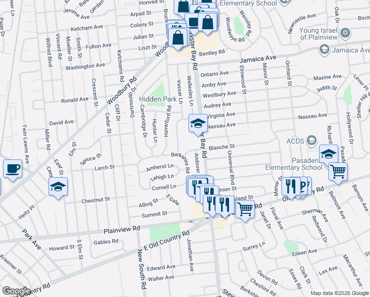 map of restaurants, bars, coffee shops, grocery stores, and more near 11 Columbia Road in Hicksville