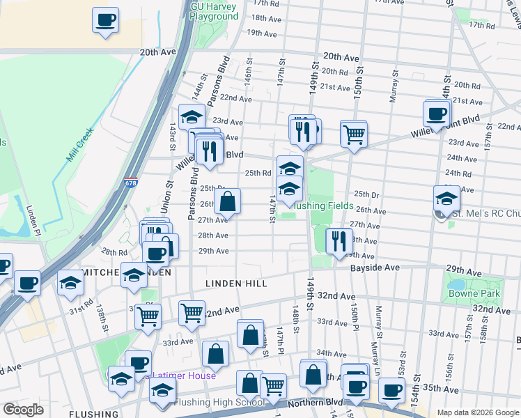 map of restaurants, bars, coffee shops, grocery stores, and more near 146-22 26th Avenue in Queens