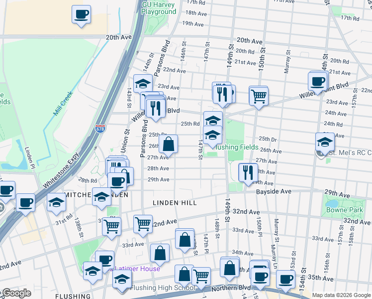 map of restaurants, bars, coffee shops, grocery stores, and more near 146-22 26th Avenue in Queens