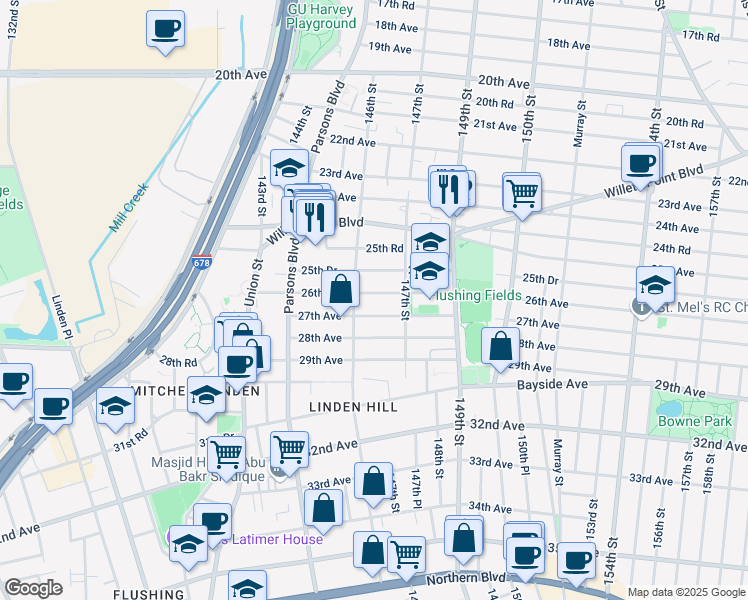 map of restaurants, bars, coffee shops, grocery stores, and more near 146-22 26th Avenue in Queens