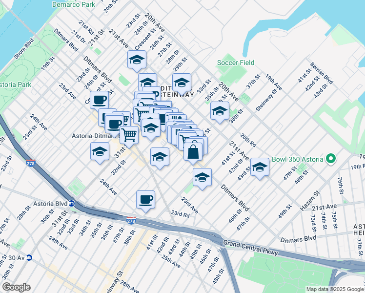 map of restaurants, bars, coffee shops, grocery stores, and more near in Queens