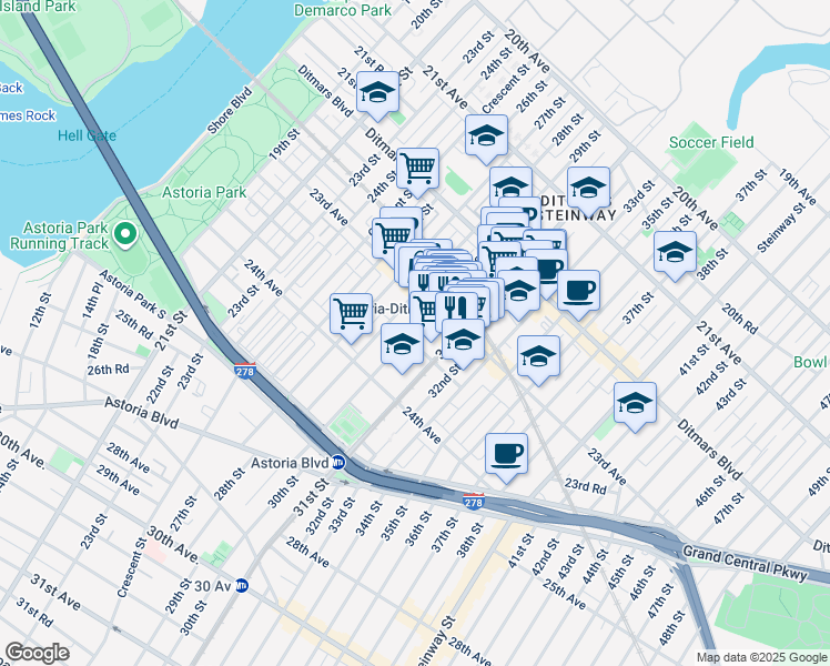 map of restaurants, bars, coffee shops, grocery stores, and more near 2302a 31st Street in Queens