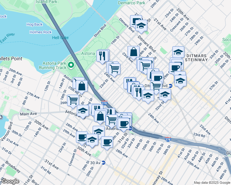 map of restaurants, bars, coffee shops, grocery stores, and more near 24-24 Crescent Street in Queens