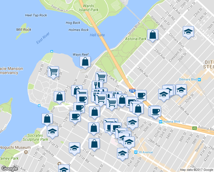 map of restaurants, bars, coffee shops, grocery stores, and more near 18-16 25th Road in Queens