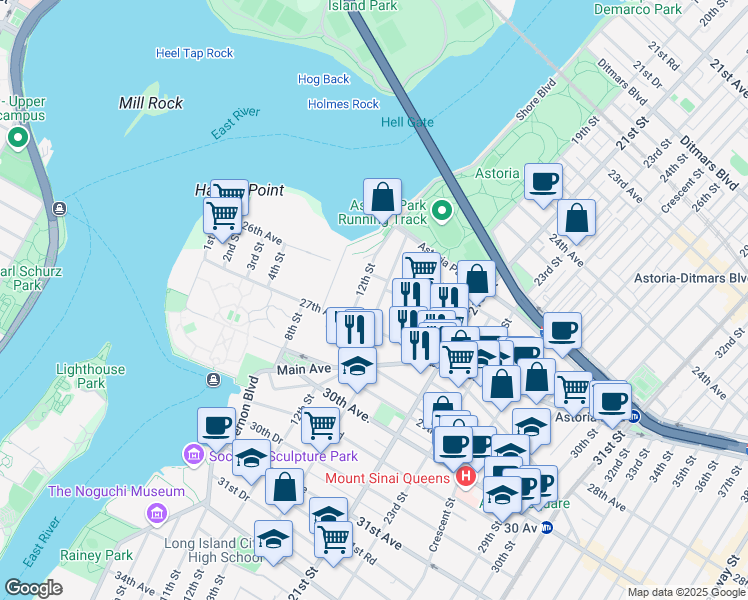 map of restaurants, bars, coffee shops, grocery stores, and more near 26-15 12th Street in Queens