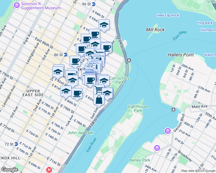 map of restaurants, bars, coffee shops, grocery stores, and more near 120 East End Avenue in New York