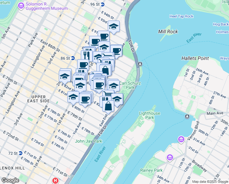 map of restaurants, bars, coffee shops, grocery stores, and more near 120 East End Avenue in New York