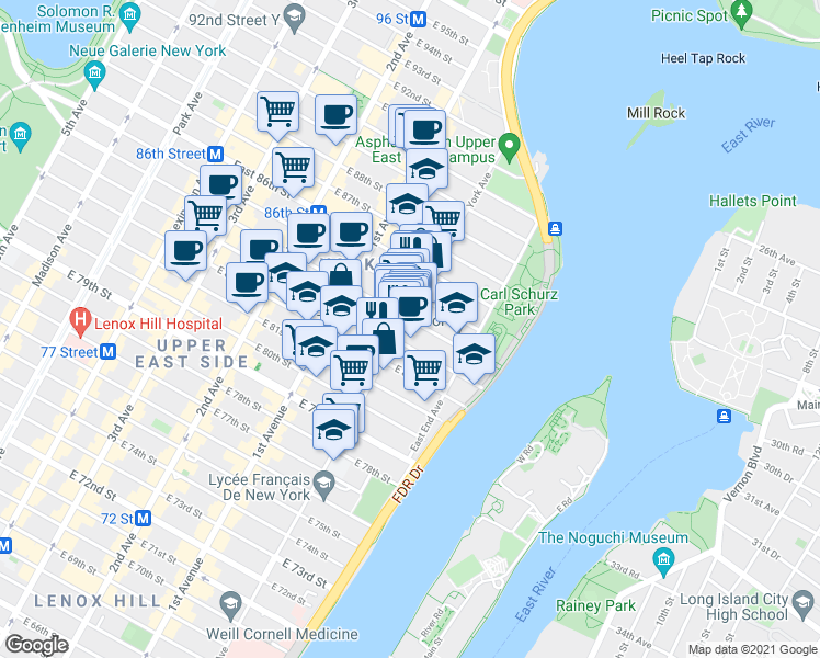 map of restaurants, bars, coffee shops, grocery stores, and more near in New York