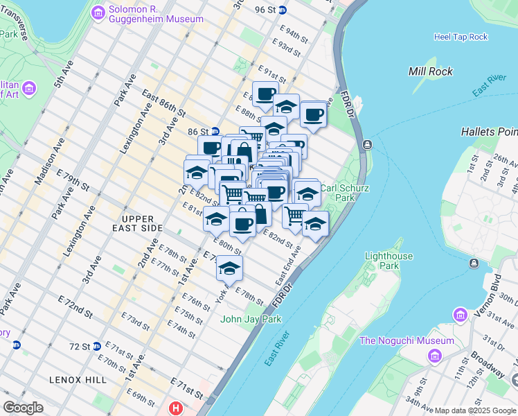 map of restaurants, bars, coffee shops, grocery stores, and more near 1575 York Avenue in New York