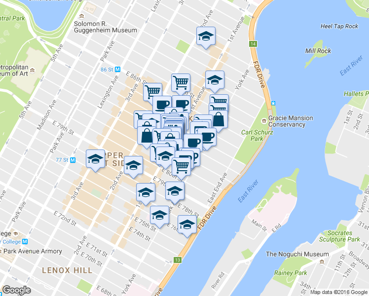 map of restaurants, bars, coffee shops, grocery stores, and more near 408 East 82nd Street in New York